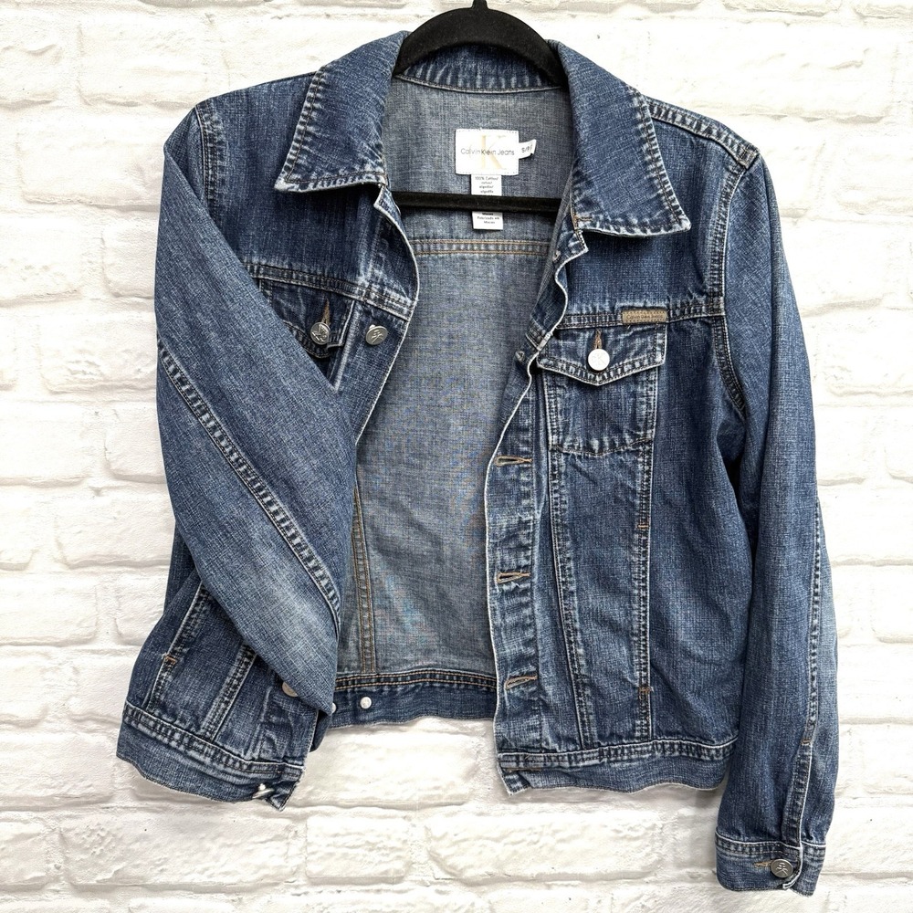 Calvin Klein Women's Blue Denim Jean‎ Jacket Trucker Biker Crop Size Small Coat